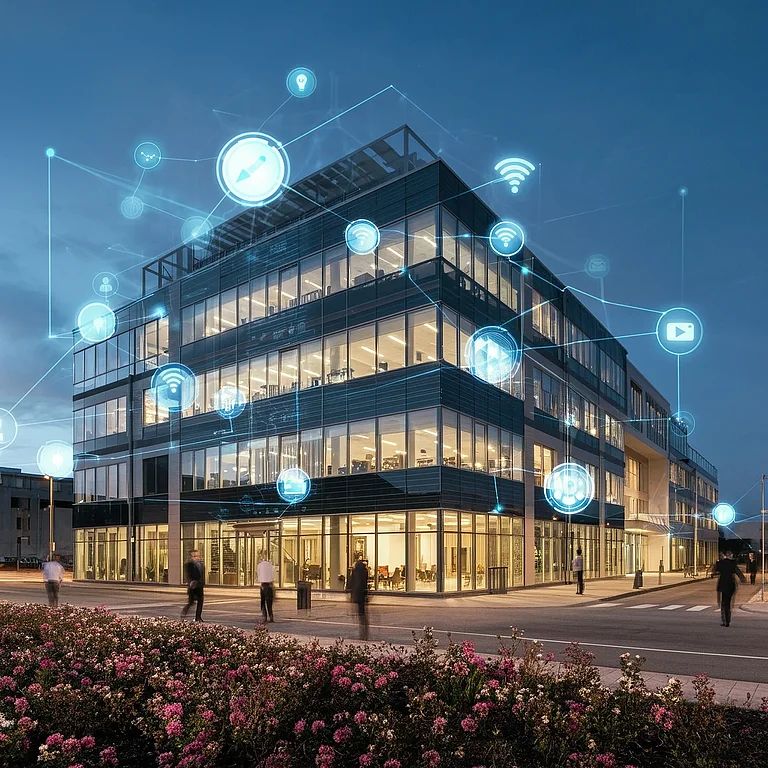 Gewerbegebäude, das anhand von Beleuchtungssteuerung, Energiemanagement, automatisierter Zeitplanung, Sensoren und IoT-Datenmanagement integrierte Gebäudesysteme veranschaulicht.