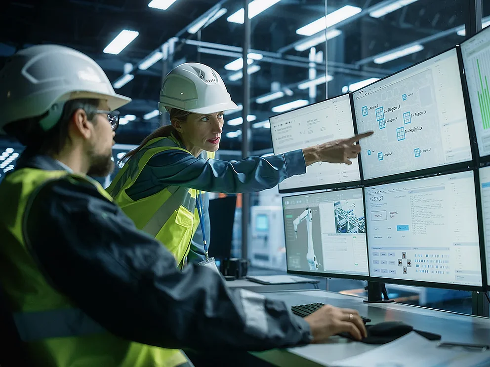 Ein weißer Prozessingenieur arbeitet an einem Arbeitsplatz mit mehreren Monitoren und unterhält sich mit einer Qualitätskontrolleurin in der Elektronikfabrik. Kollegen überwachen eine automatisierte Montagelinie, die mit Roboterarmen ausgestattet ist.